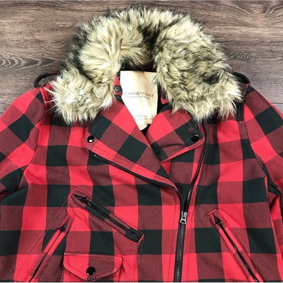 Denim & Supply Ralph Lauren Womens Vintage Full Zip Faux Fur Plaid Denim Jacket - Picture 2 of 7